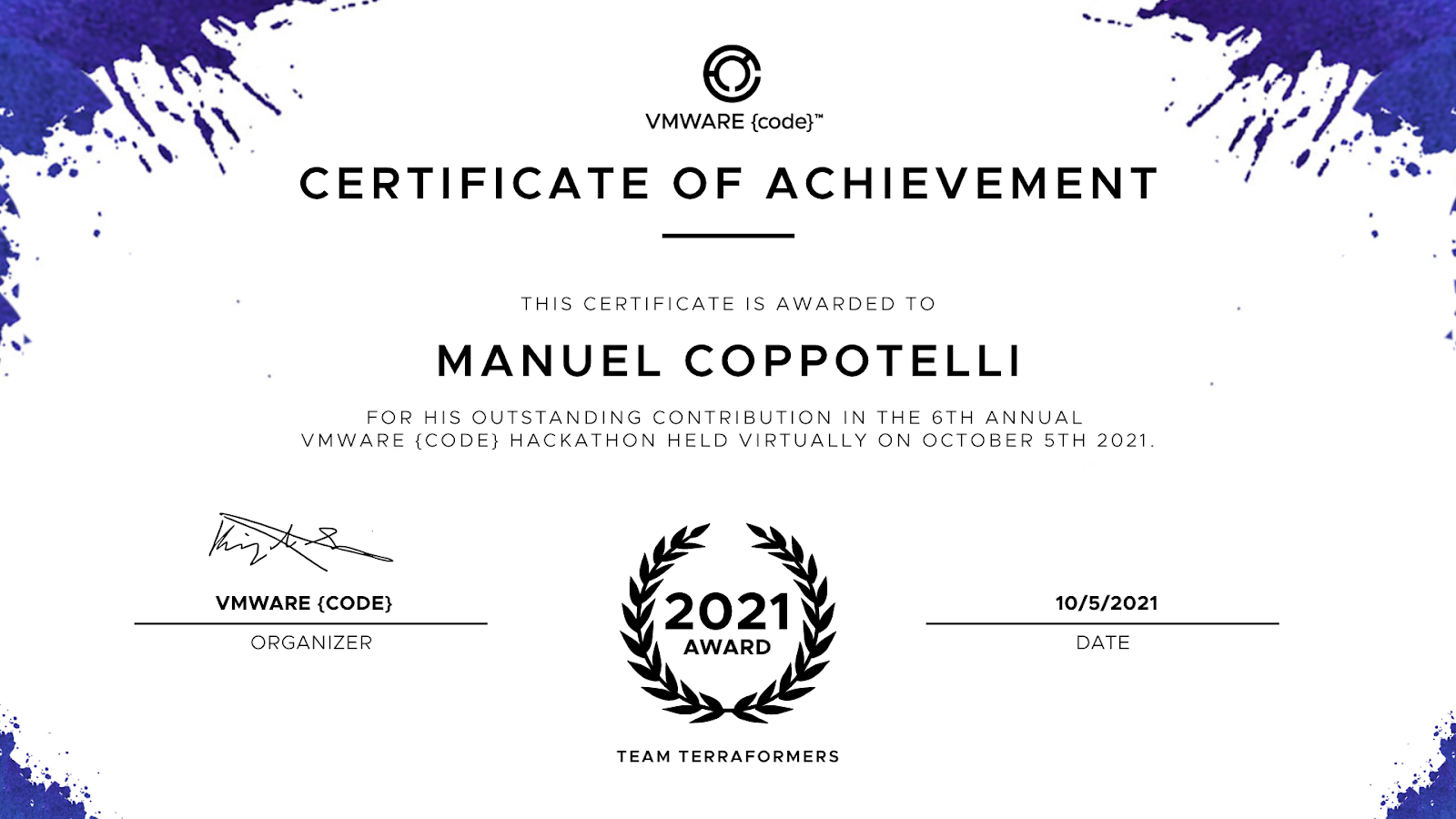 Certificate of Achievement Manuel Coppotelli Winner